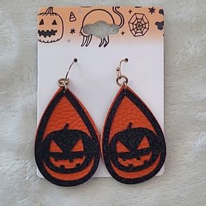 Halloween Jack O Lantern dangle earrings black glitter faux leather with gold